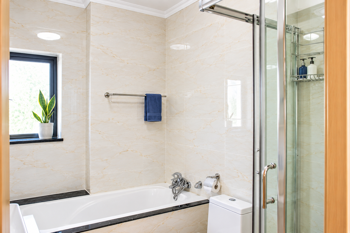 A well-maintained bathroom featuring a bathtub, separate shower enclosure, toilet, and neutral marble-effect wall tiling.