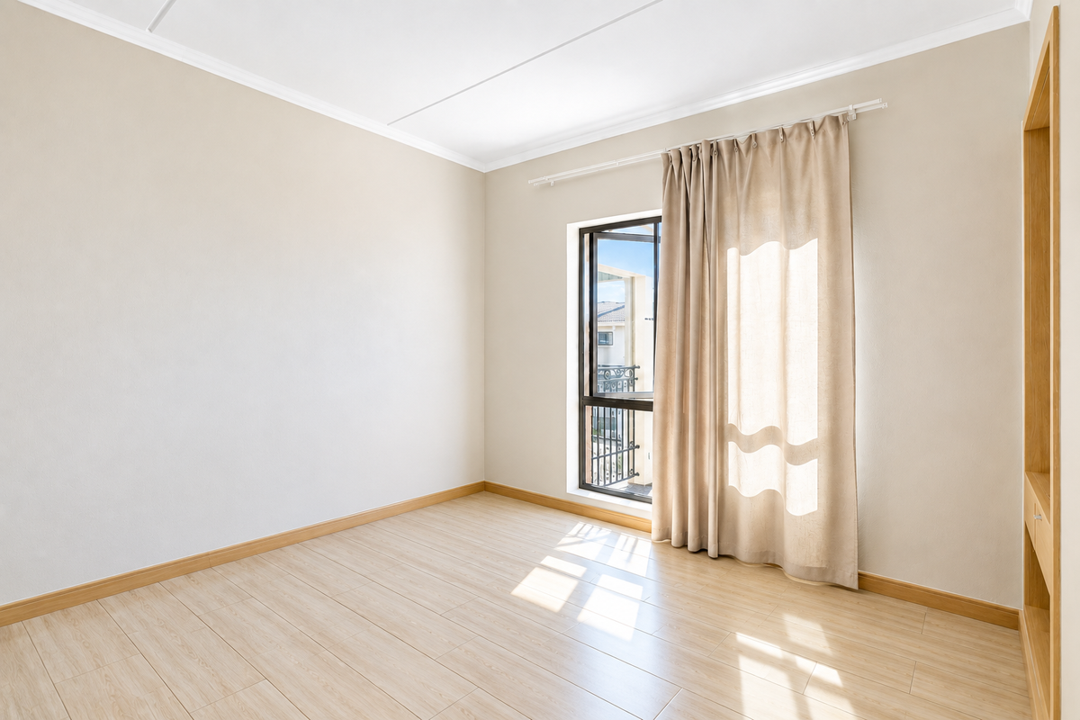 A bright, empty bedroom featuring light-toned laminate flooring, neutral walls, and built-in shelving, offering a clean and versatile space.