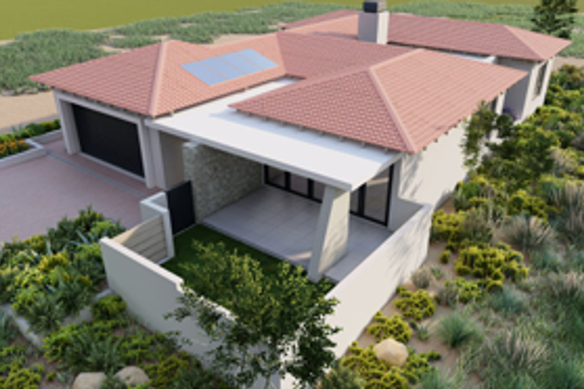 An aerial perspective of a modern residential property featuring a tiled roof with solar panels, a double garage, and a covered patio area.
