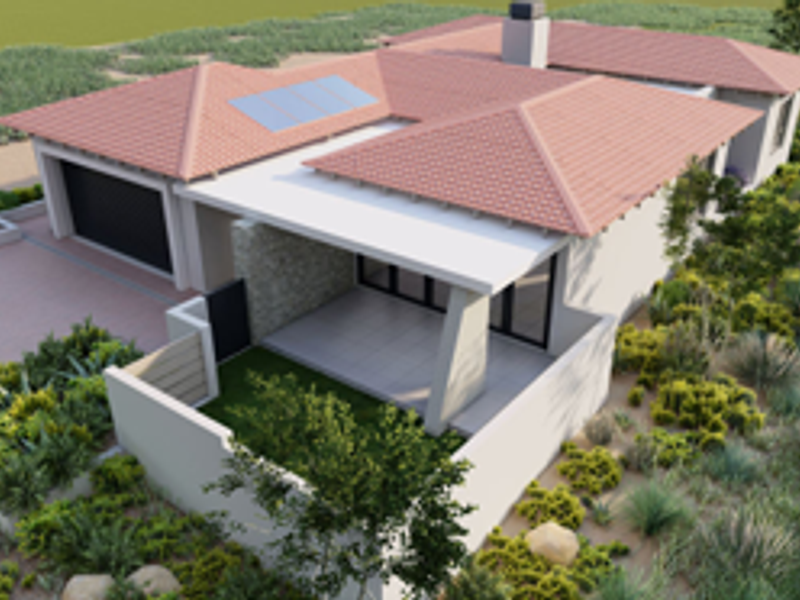 An aerial perspective of a modern residential property featuring a tiled roof with solar panels, a double garage, and a covered patio area.