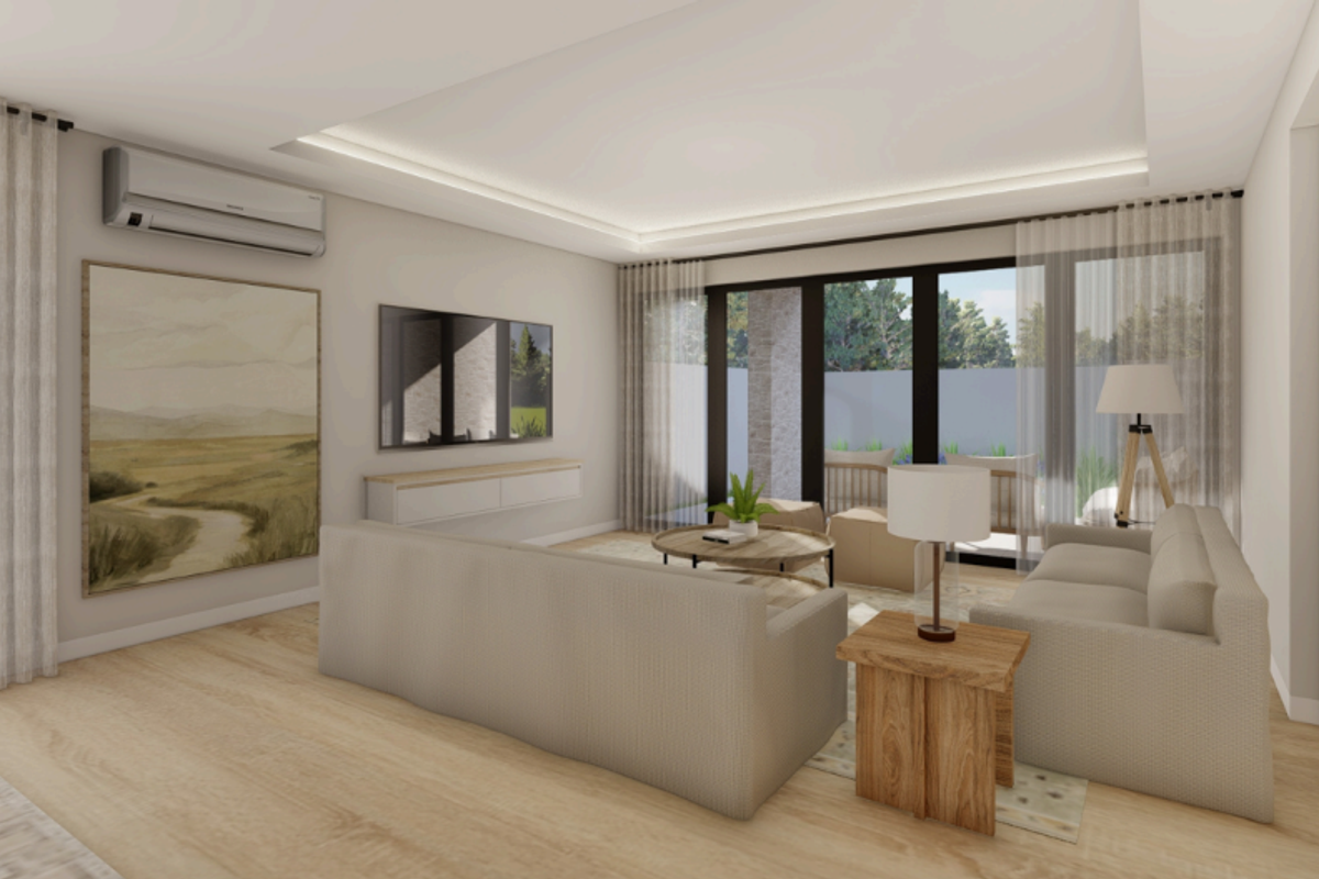 Modern living room featuring recessed ceiling with cove lighting, split-system air conditioning, timber slat wall detailing, and large sliding glass doors opening to the patio.