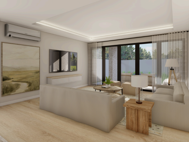 Modern living room featuring recessed ceiling with cove lighting, split-system air conditioning, timber slat wall detailing, and large sliding glass doors opening to the patio.