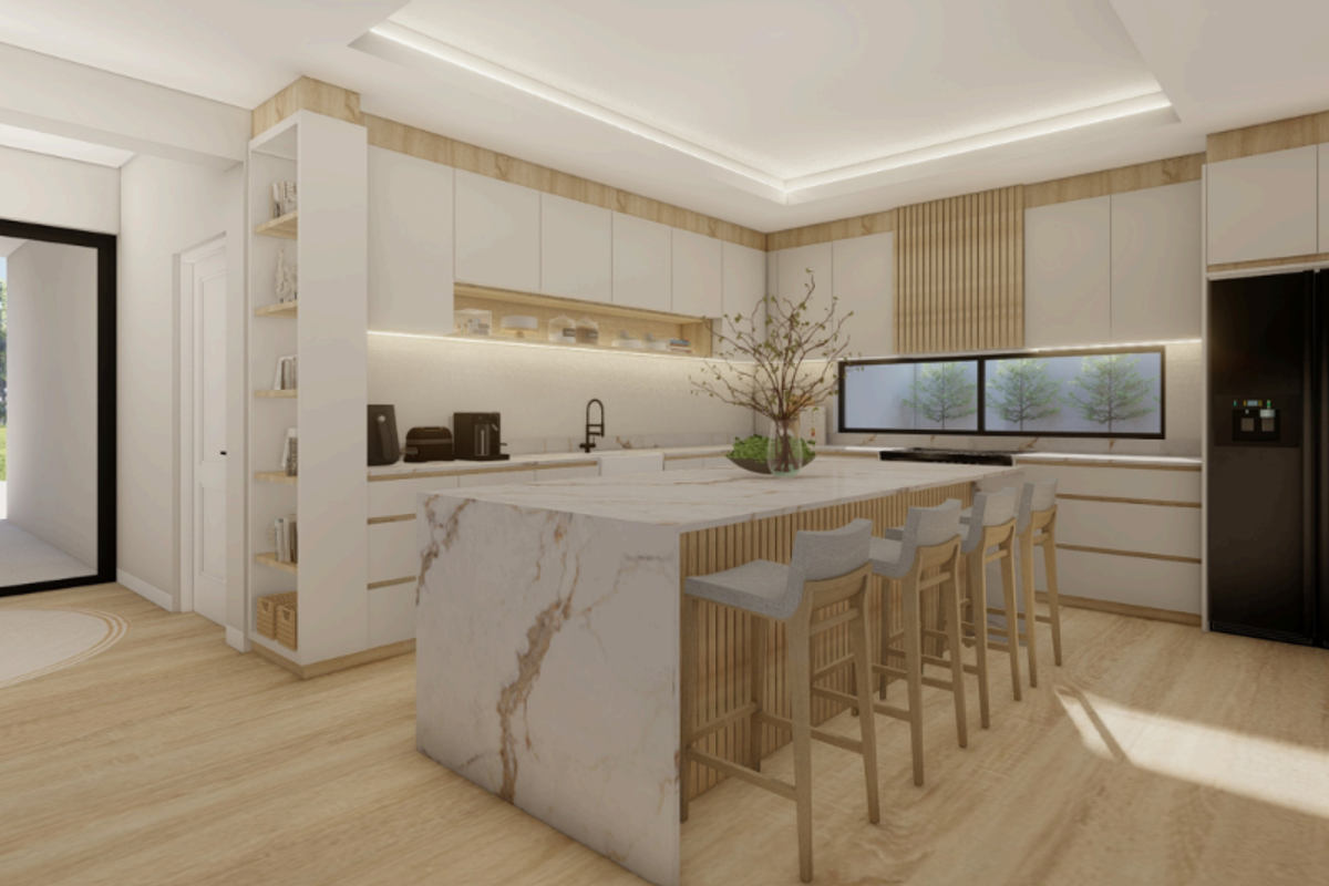 Modern kitchen featuring a large marble island, sleek handleless cabinetry, integrated appliances, and warm wood accents with sophisticated recessed and under-cabinet lighting.