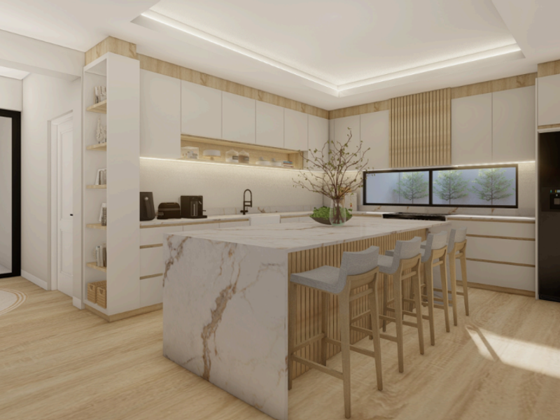 Modern kitchen featuring a large marble island, sleek handleless cabinetry, integrated appliances, and warm wood accents with sophisticated recessed and under-cabinet lighting.