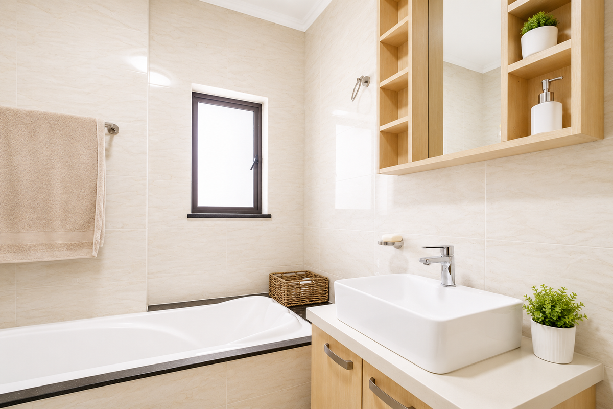 A modern, well-maintained bathroom featuring a built-in bathtub, a vessel sink vanity with integrated shelving, and neutral wall tiling.