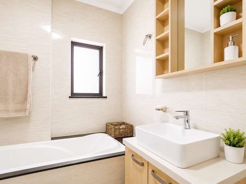 A modern, well-maintained bathroom featuring a built-in bathtub, a vessel sink vanity with integrated shelving, and neutral wall tiling.