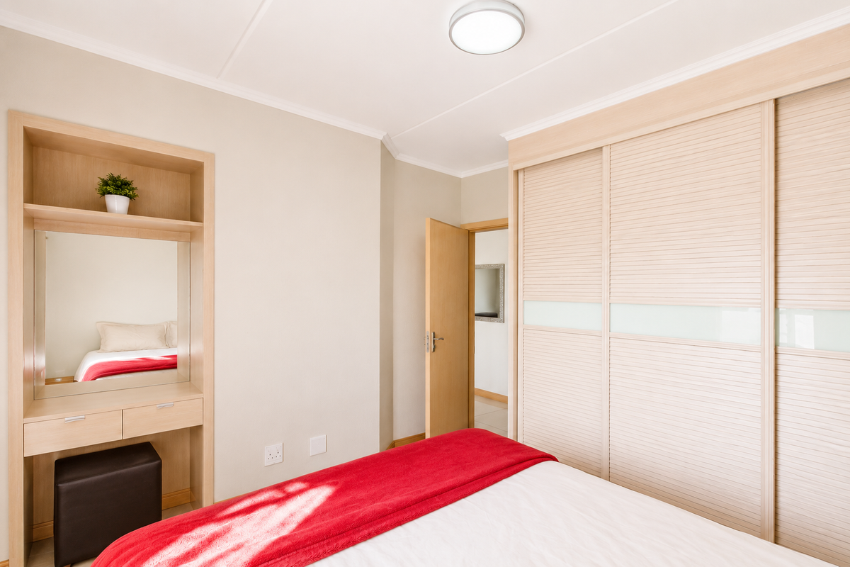 A well-maintained bedroom featuring a large built-in wardrobe with sliding doors and a matching integrated vanity unit with a mirror.