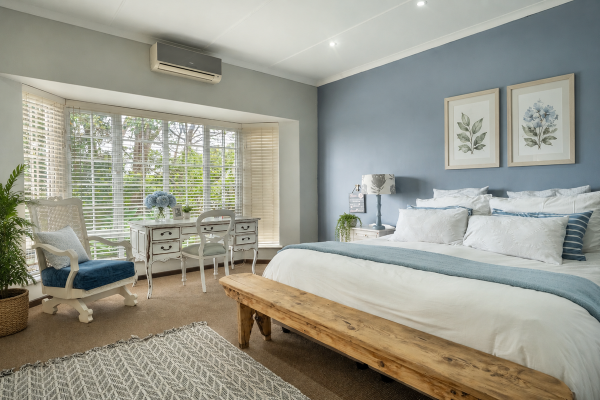 A well-maintained bedroom featuring a large bay window with venetian blinds, a wall-mounted air conditioning unit, and neutral carpeting.