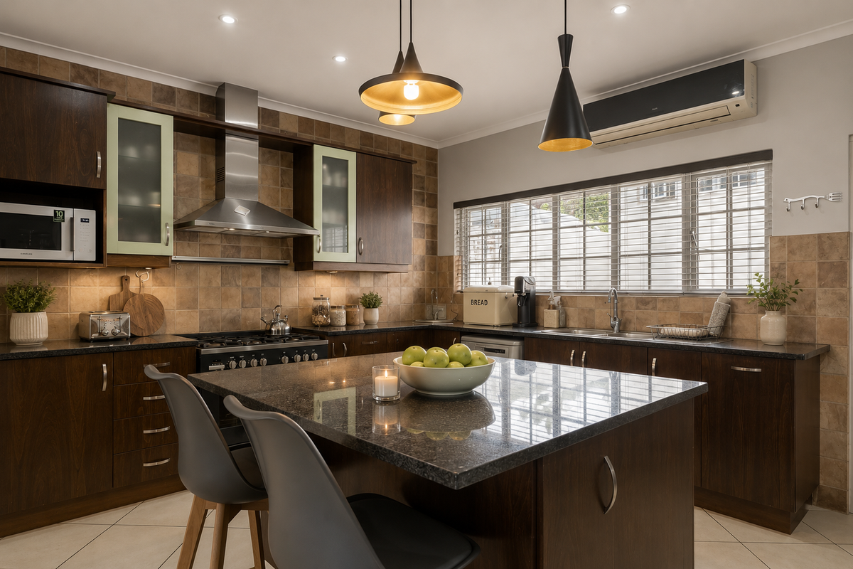 Modern kitchen featuring dark wood cabinetry, granite countertops, a central island, stainless steel appliances, and a tiled splashback with ample natural light.