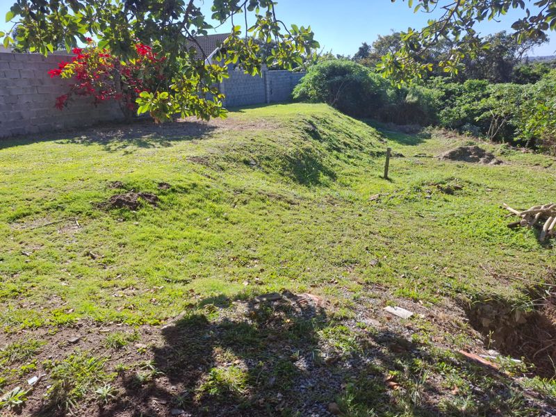 A view of a sloped residential plot featuring a boundary wall and established greenery, offering potential for landscaping or future development.