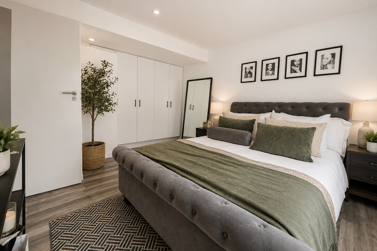 A well-maintained bedroom featuring built-in wardrobes, recessed downlighting, and modern laminate flooring, creating a clean and comfortable living space.
