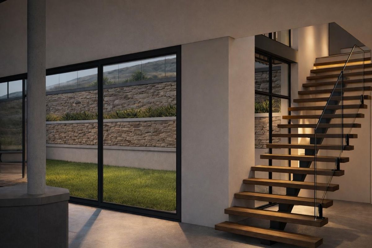 Modern interior space featuring a floating timber staircase with glass balustrade, large sliding doors, and views of a landscaped stone retaining wall.