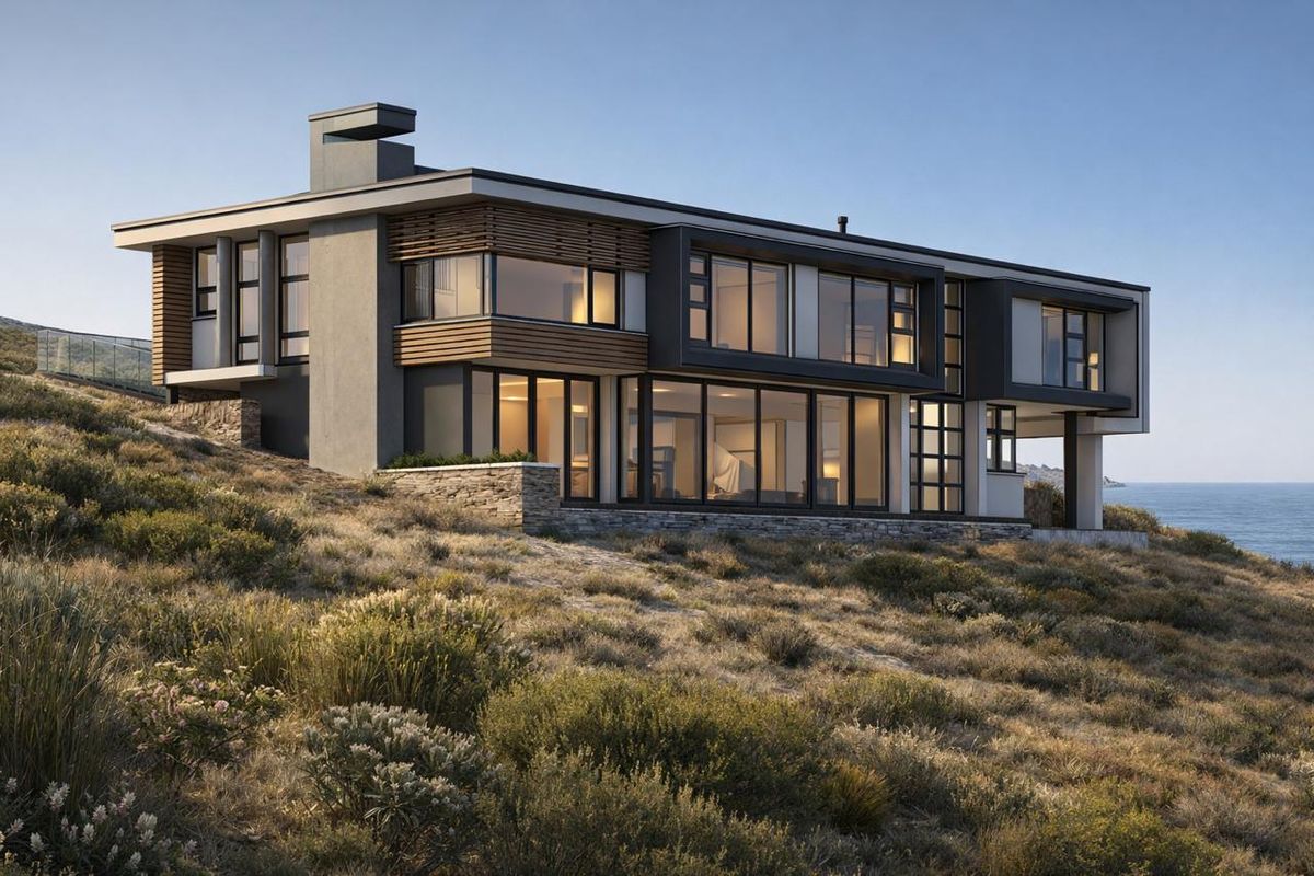 A modern architectural residence featuring stone and timber accents, expansive glass windows, and a flat roof, situated on a coastal hillside.