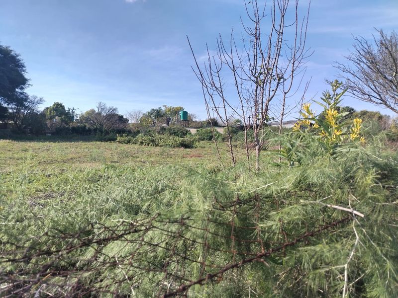 A vacant residential plot featuring overgrown vegetation, perimeter wire fencing, and a visible water tank on the property.