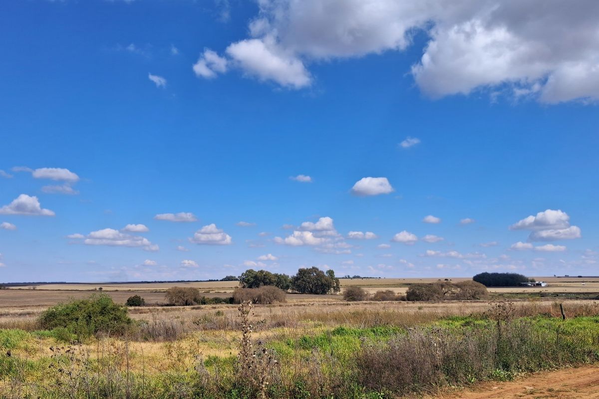 A wide-angle view of expansive, undeveloped residential land featuring natural vegetation and open fields under a clear blue sky.