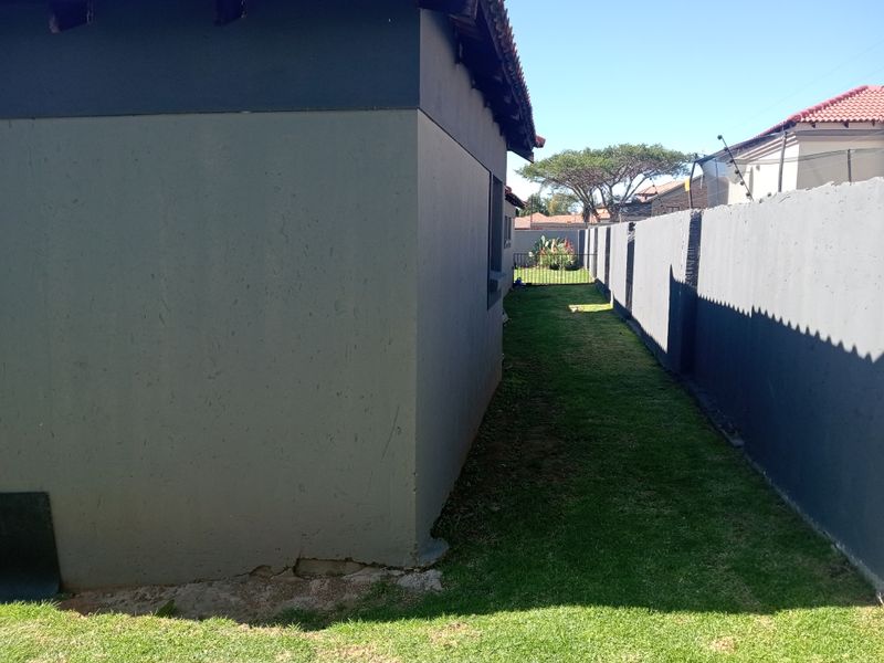 A side garden pathway featuring a lawn area, enclosed by a high boundary wall and the side elevation of the house.