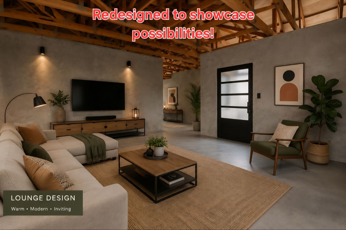 Modern living room featuring exposed timber roof trusses, polished concrete floors, and cement plaster walls with a contemporary glass panel door.