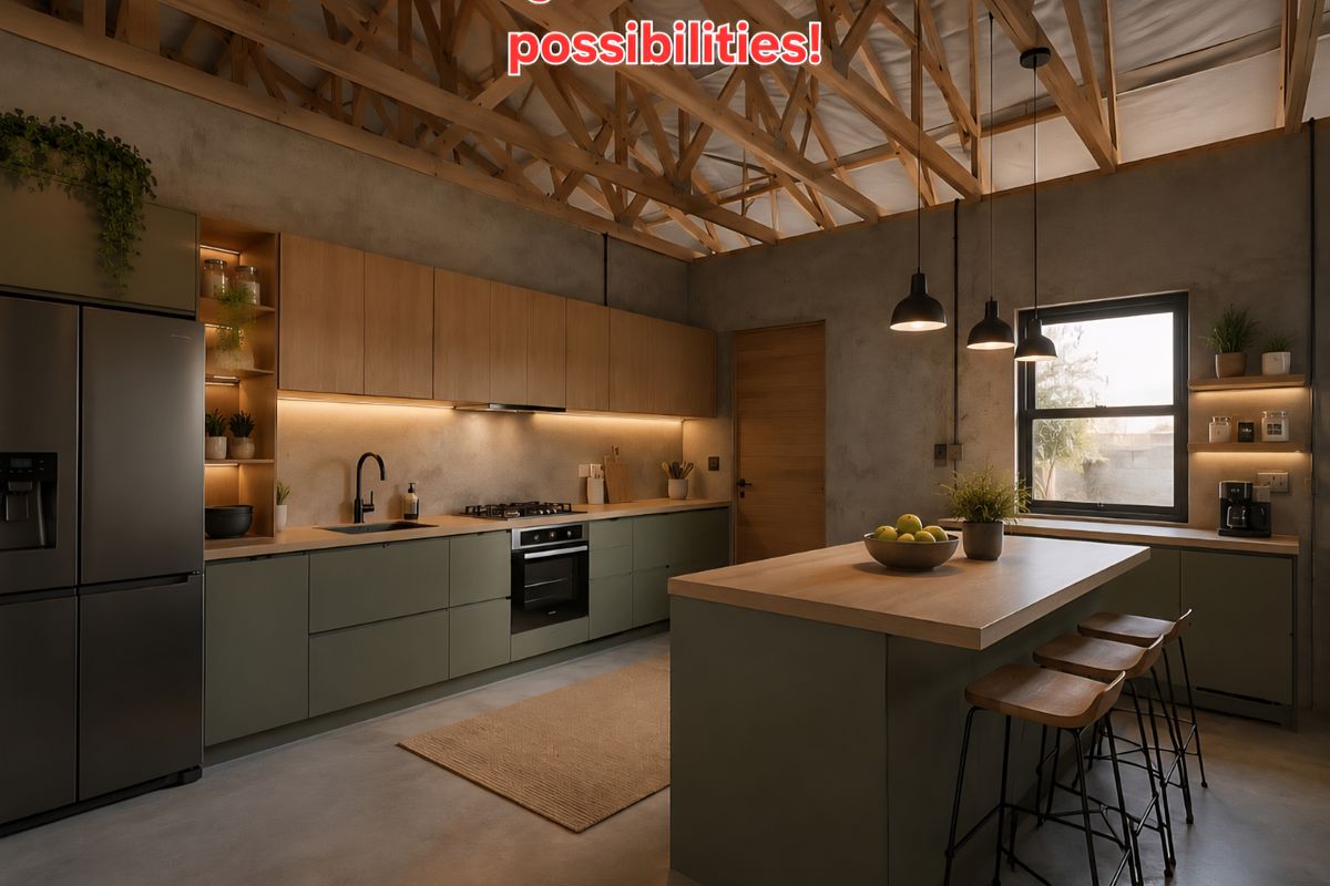 Modern industrial-style kitchen featuring sage green cabinetry, timber accents, a central island, and exposed wooden roof trusses.