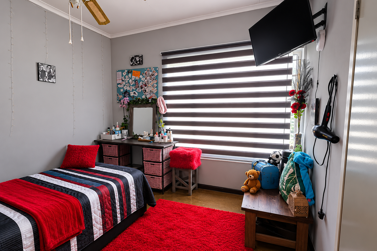 A functional bedroom featuring a ceiling fan, zebra blinds, and a wall-mounted television bracket, providing a comfortable and practical living space.