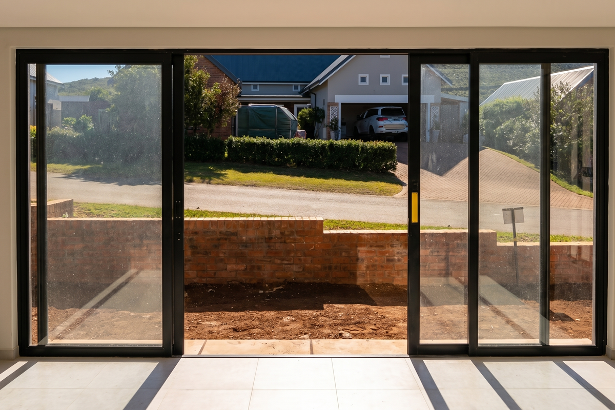 An empty living room featuring large black-framed sliding glass doors that open onto a private outdoor area with a low brick wall.