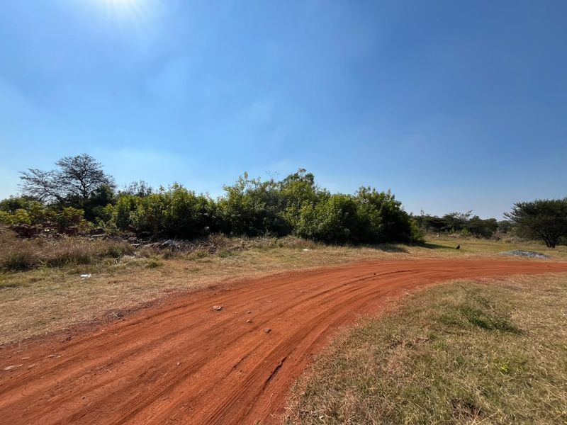 A view of a vacant residential plot featuring a dirt access road and natural vegetation under a clear blue sky.