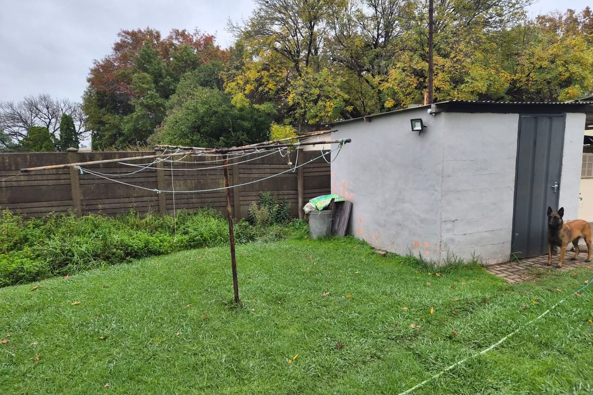 A rear garden area featuring a lawn, a detached outbuilding with a security light, and a rotary clothesline against a boundary fence.
