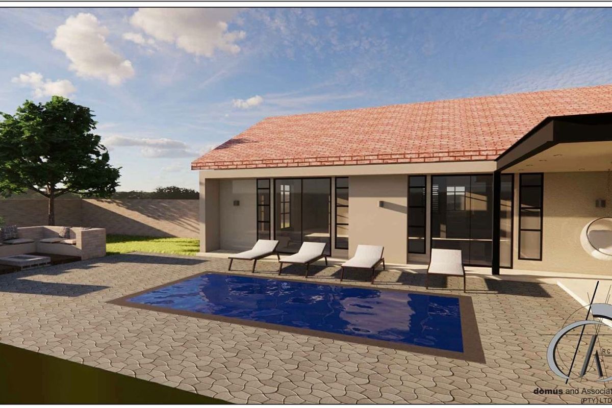 Architectural rendering of a rear exterior featuring a swimming pool, paved patio area, and modern sliding glass doors leading into the residence.
