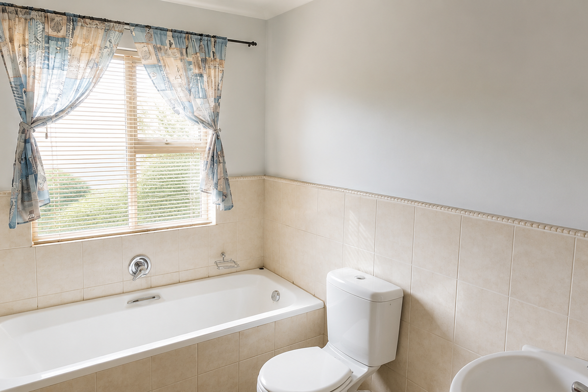 A functional bathroom featuring a built-in bathtub, tiled walls, a standard toilet, and a basin, offering a clean and practical layout.