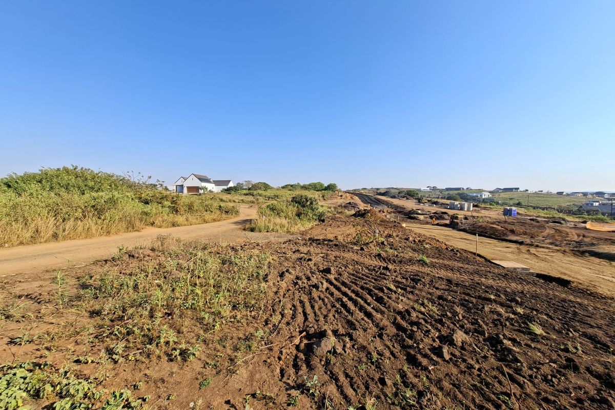 A wide-angle view of a vacant residential plot showing cleared earth, natural vegetation, and an unpaved access road under a clear blue sky.