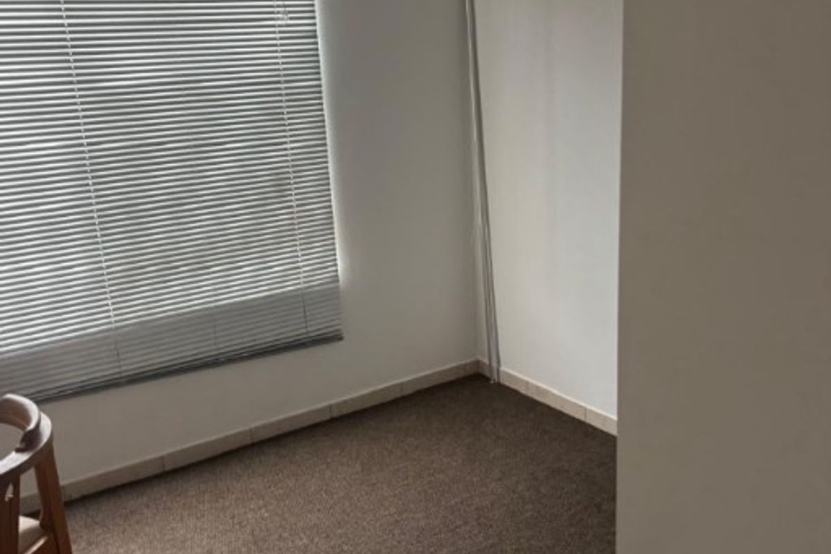 A simple, empty bedroom featuring carpeted flooring and venetian blinds on the window.