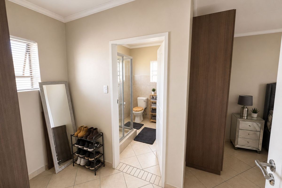 Bedroom featuring tiled flooring, built-in cupboards, and an adjoining en-suite bathroom with a shower and toilet.
