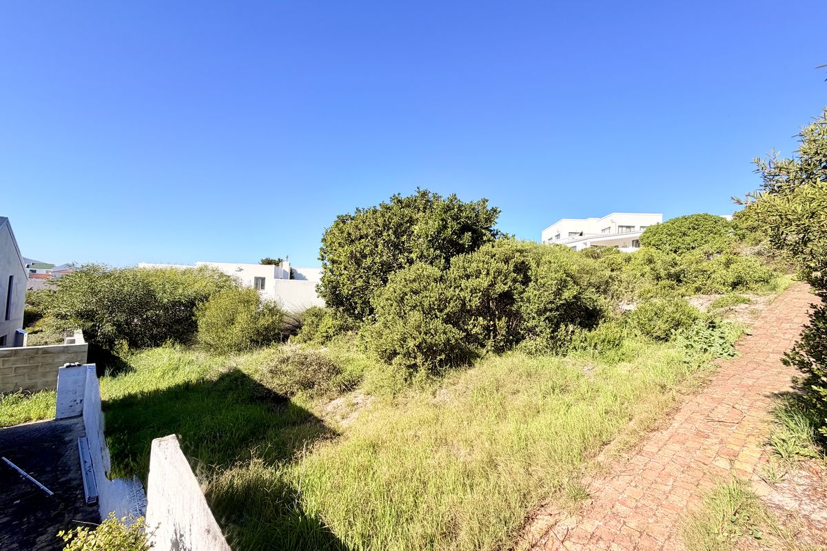A view of a sloped residential plot featuring a brick paved pathway and established natural vegetation.