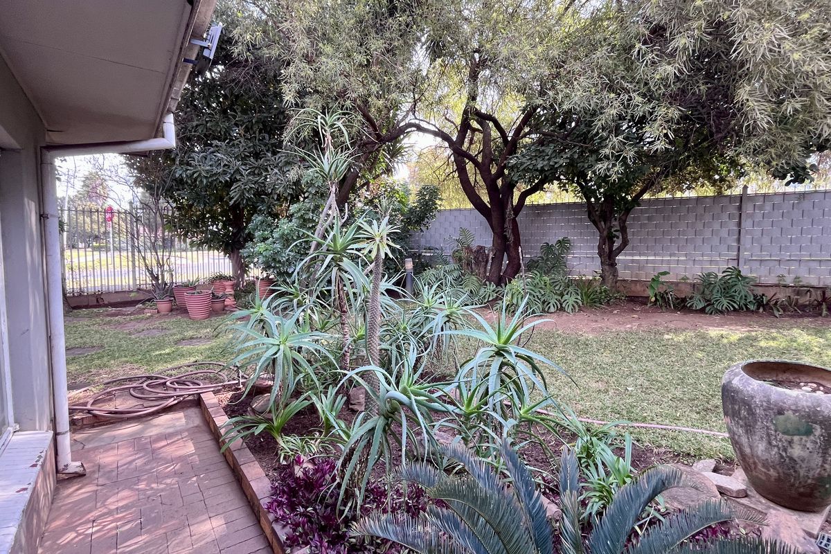 A private rear garden featuring a paved patio area, established trees, and a secure concrete block boundary wall.
