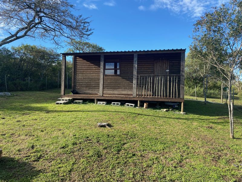 A detached timber log cabin structure featuring a raised deck and corrugated metal roof, situated on a grassy residential plot.