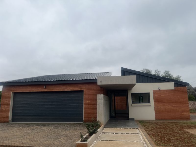 Modern single-story house featuring a brick and concrete facade, metal roof, and a paved driveway with an integrated garage.