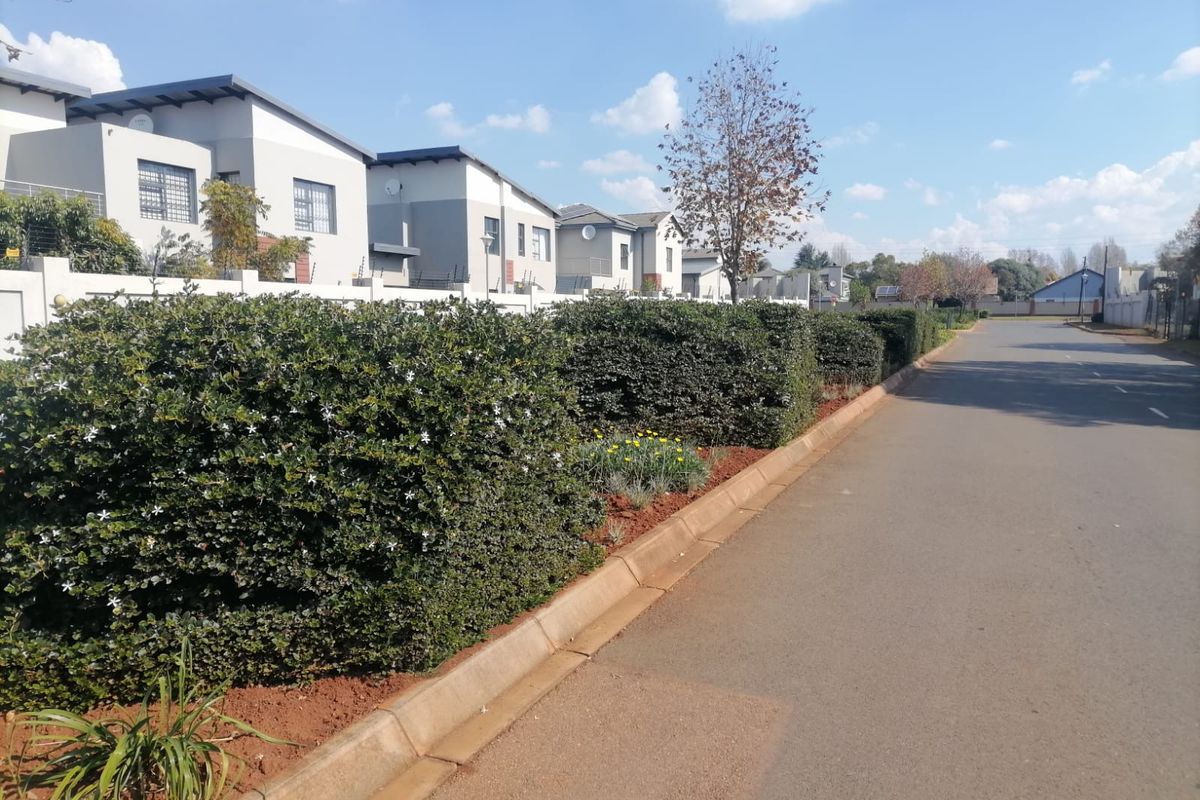 A clear street view of a residential estate featuring paved roads, well-maintained landscaped verges, and modern perimeter walling with security fencing.