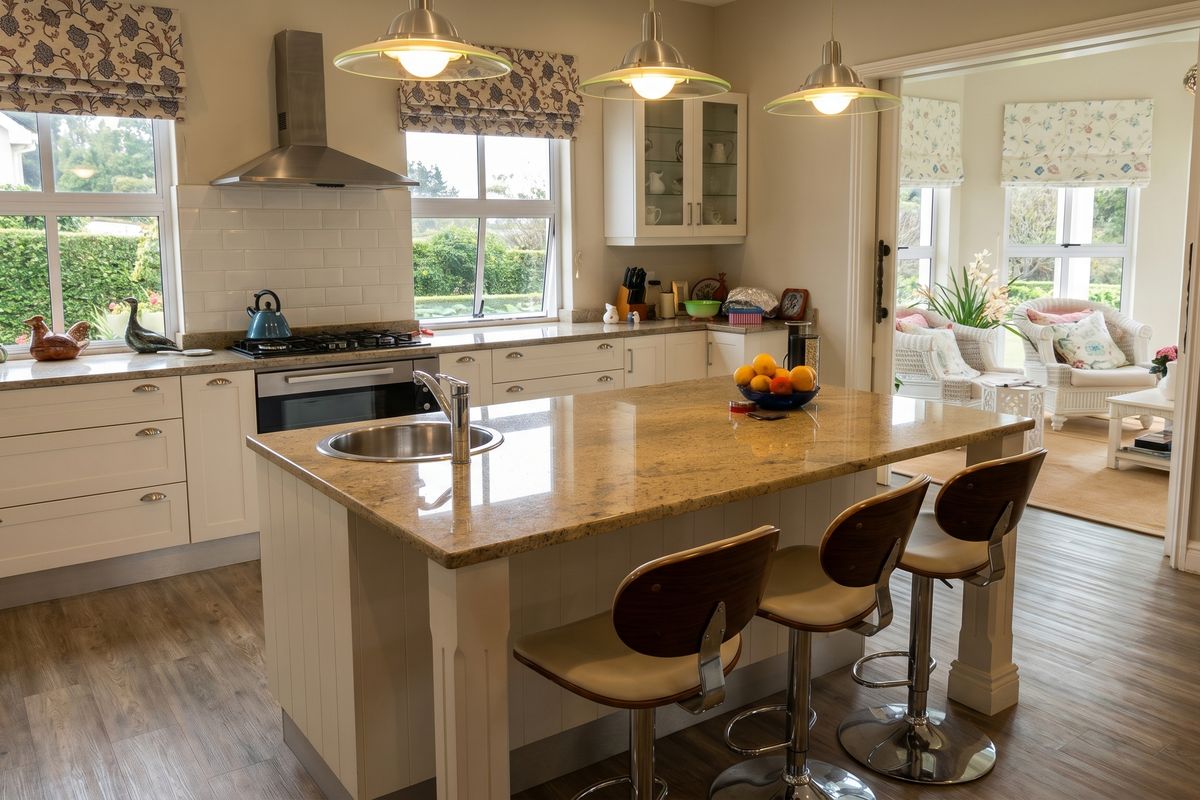 A well-appointed kitchen featuring a central island with a granite countertop, stainless steel oven, gas hob, extractor fan, and integrated cabinetry.