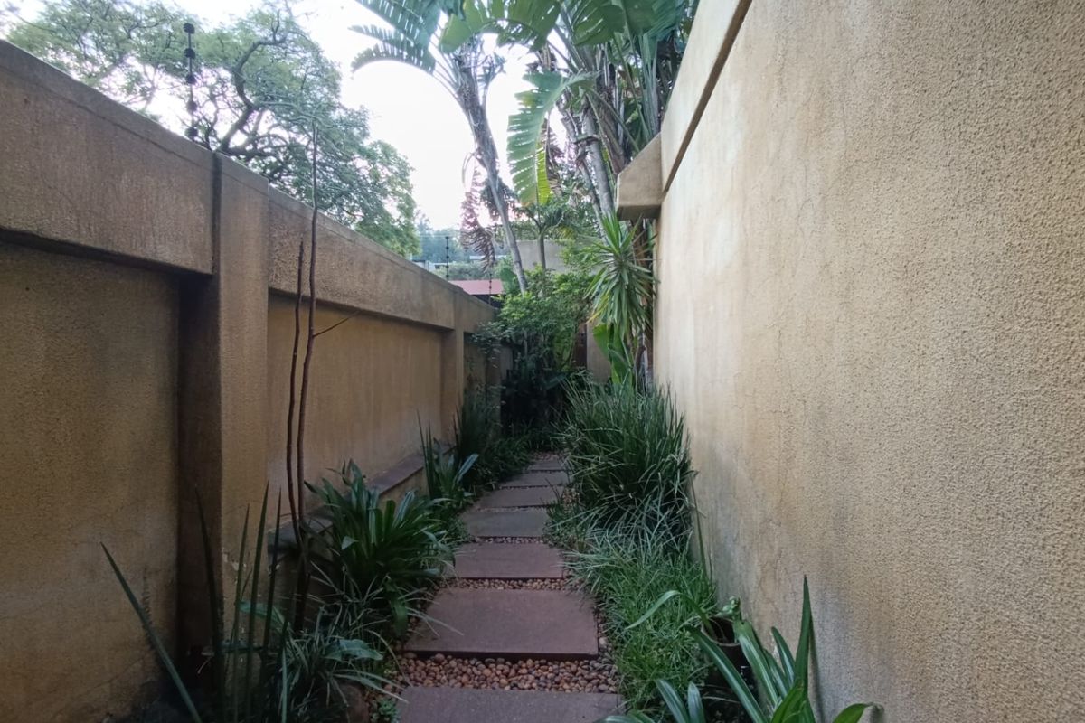 A narrow side garden pathway featuring paved stepping stones, established greenery, and high boundary walls with integrated electric fencing.
