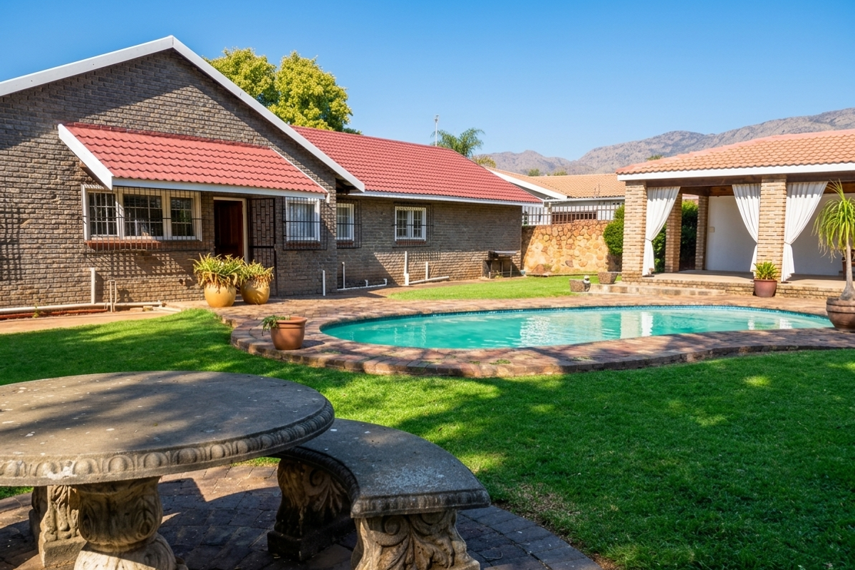 Rear view of the property featuring a swimming pool, paved surround, and a covered patio area set against a landscaped garden.
