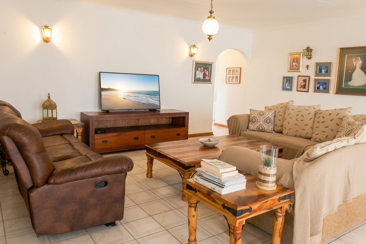 A comfortable living room featuring tiled flooring, wall sconce lighting, and an arched entryway leading to other parts of the home.