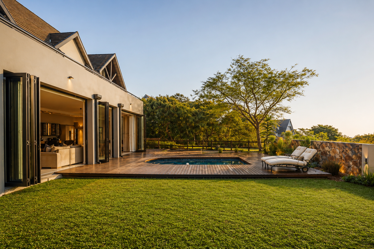 A beautifully landscaped rear garden featuring a wooden deck, a built-in swimming pool, and seamless indoor-outdoor flow through large folding glass doors.