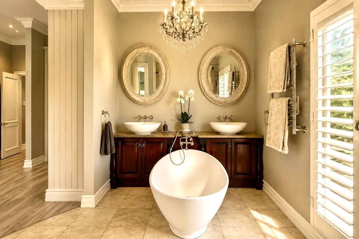 Elegant master bathroom featuring a freestanding soaking tub, dual vessel sinks with dark wood cabinetry, and a heated towel rail.