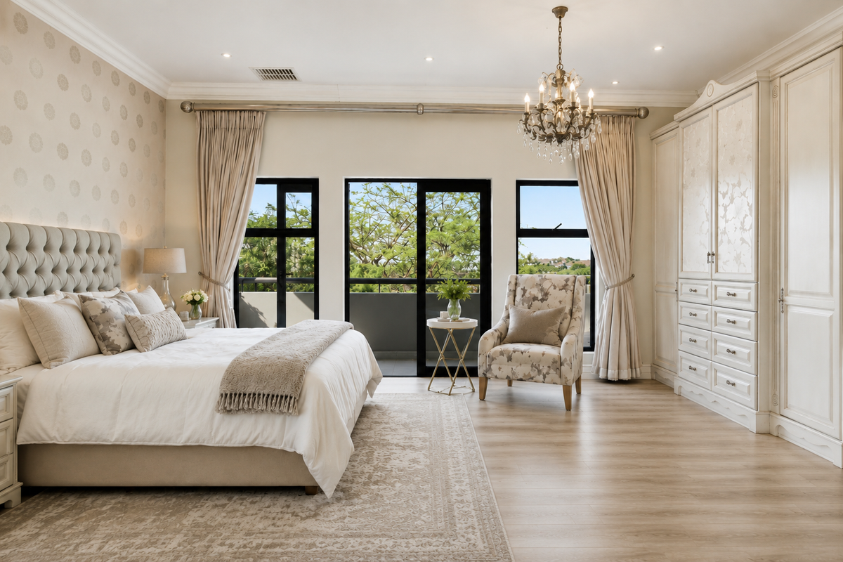 Spacious bedroom featuring built-in cabinetry, elegant crown molding, recessed lighting, a crystal chandelier, and large windows with access to a private balcony.