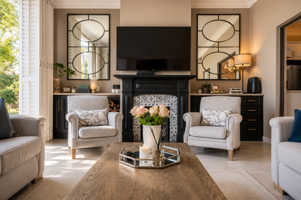 Elegant living room featuring a central fireplace with decorative tiling, built-in cabinetry, and large windows with plantation shutters.