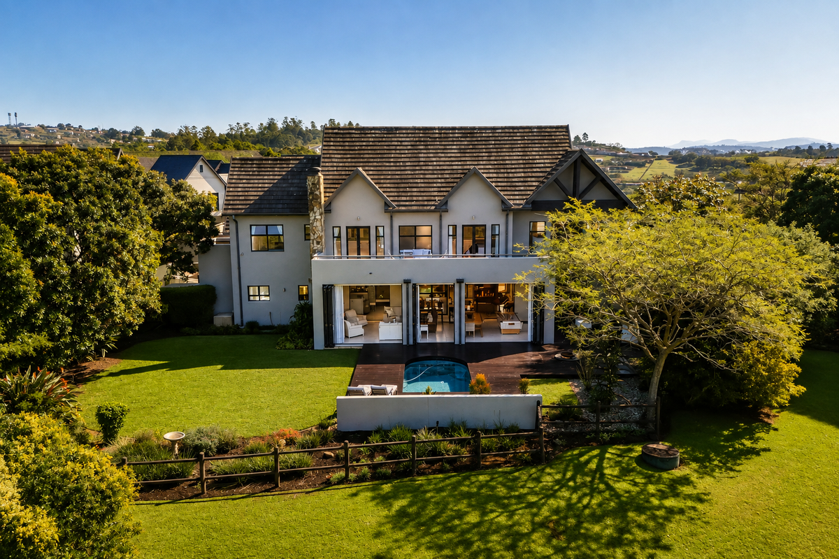 Rear view of a luxury townhouse featuring a swimming pool, timber decking, and expansive bi-fold doors opening to a landscaped garden.