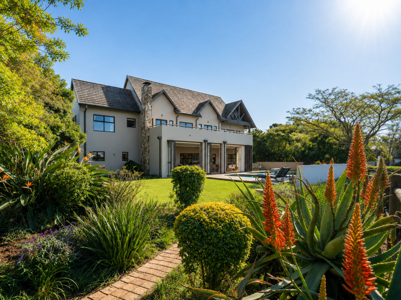 A beautiful rear view of a townhouse featuring a landscaped garden, stone chimney, swimming pool, and expansive folding glass doors leading to the interior.