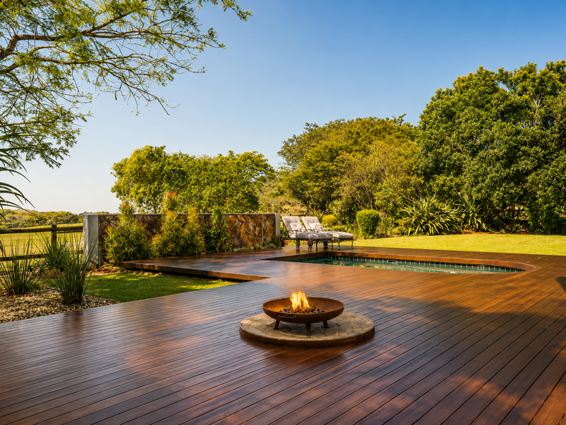A beautifully maintained outdoor pool area featuring extensive timber decking, a built-in swimming pool, and a stone feature wall set within a lush garden.