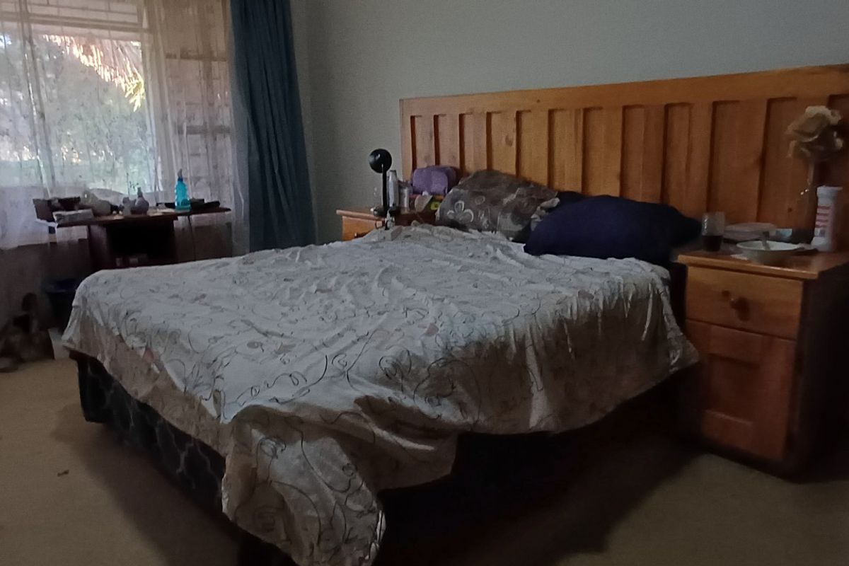 A spacious bedroom featuring carpeted flooring and a large window that allows for natural light.