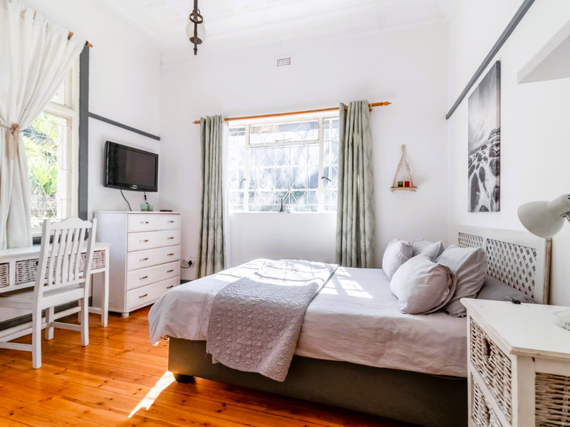 A bright bedroom featuring polished timber flooring, ornate ceiling cornices, and large steel-framed windows allowing for ample natural light.
