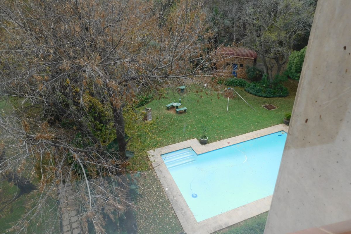 Elevated aerial view of a communal garden area featuring a swimming pool, paved surround, and a small brick outbuilding.